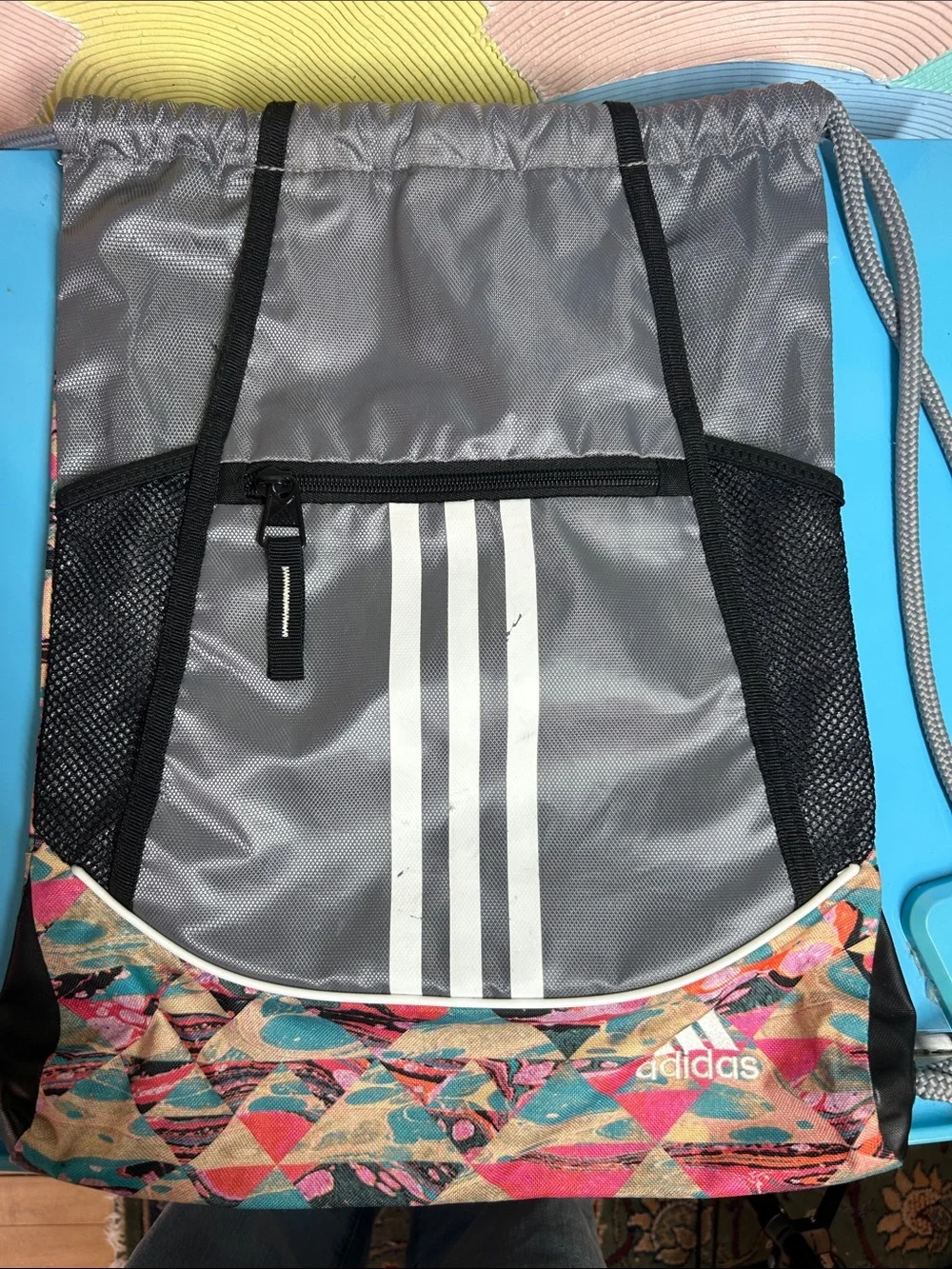 Silver Drawstring Backpack with Accent Print
